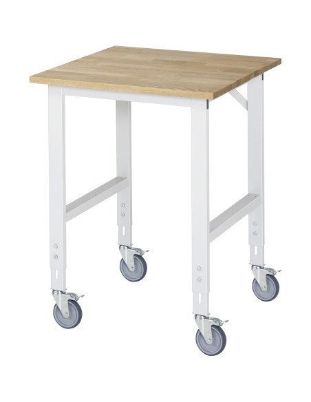 Fahrbarer, höhenverstellbarer Arbeitstisch "Serie Tom" mit Buche 25 mm