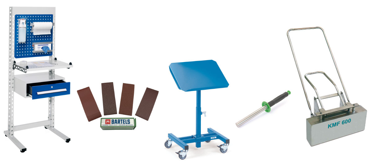 Verschiedene Arbeitsplatz-Hilfsmittel wie Materialständer, magnetische Spänesammler und Infektionsschutz