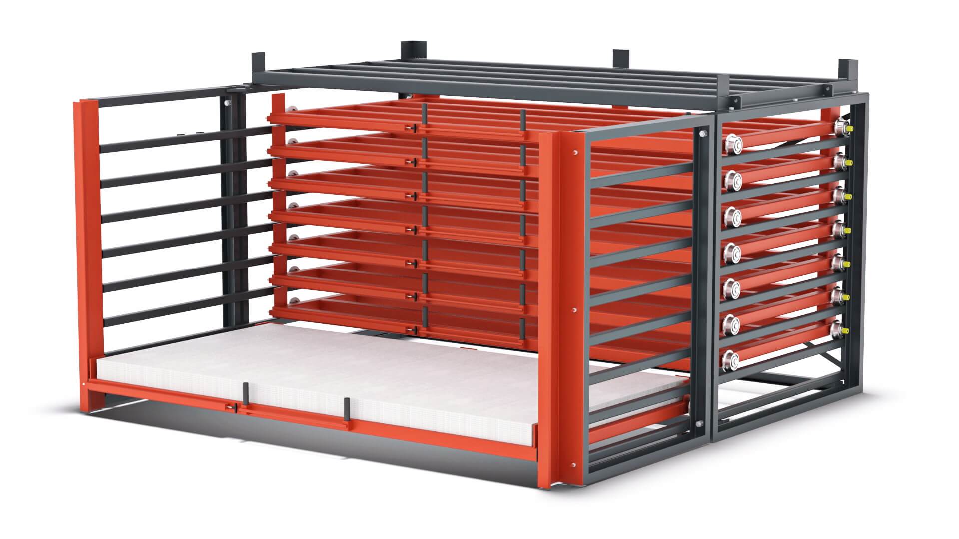 Detailaufnahme eines zu 100 % ausgezogenen Regalfachs mit kugelgelagerten Spurkranzrädern und Stangenverriegelung