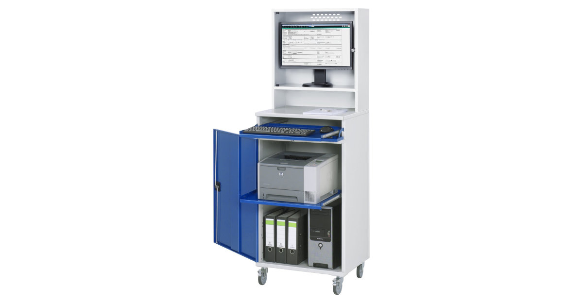 Mobiler Computerschrank mit Monitorgehäuse und Tastaturauszug in einer Werkstatt
