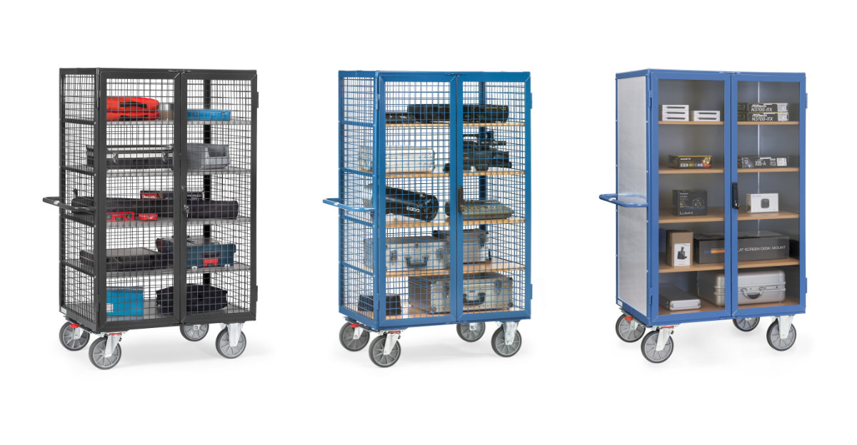 Etagenwagen mit Gitterwänden und Türen zur Warensicherung