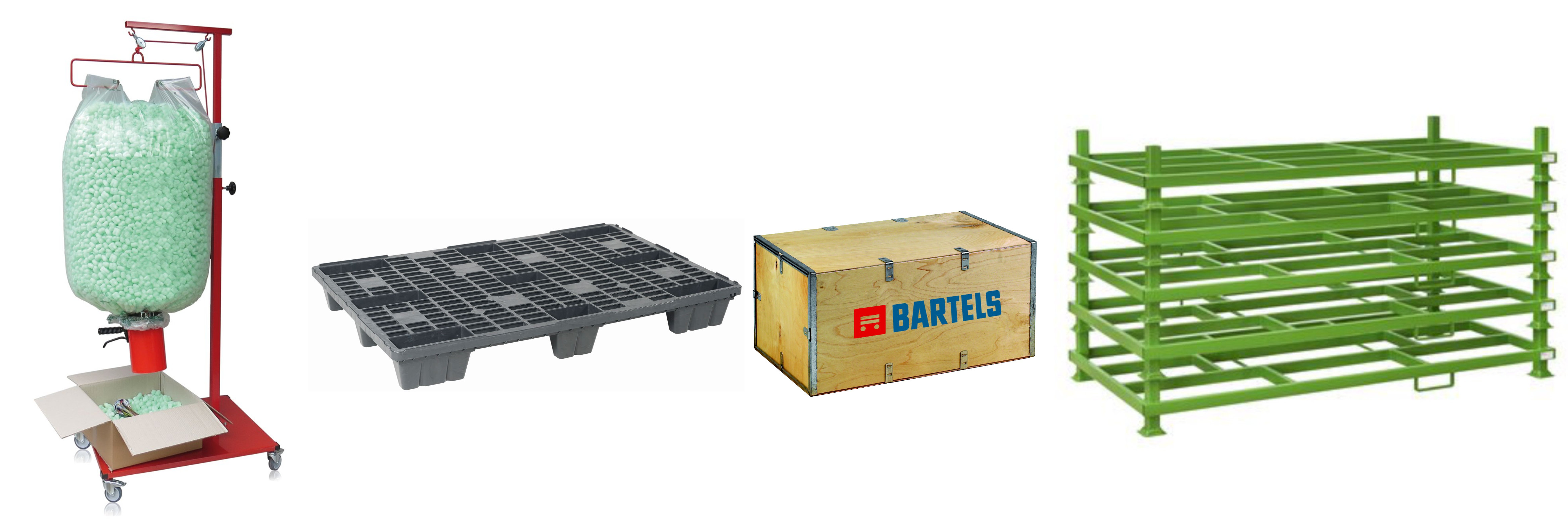Industrielle Verpackungsstation mit Paletten, Exportboxen und Abfüllsystemen für stoßsicheren Versand