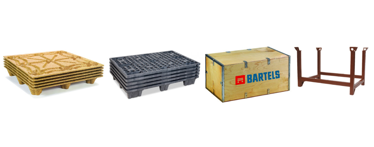 Sortiment an Paletten und Exportverpackungen: Kunststoffpaletten, Holz-Faltkisten und Stapelpaletten aus Metall