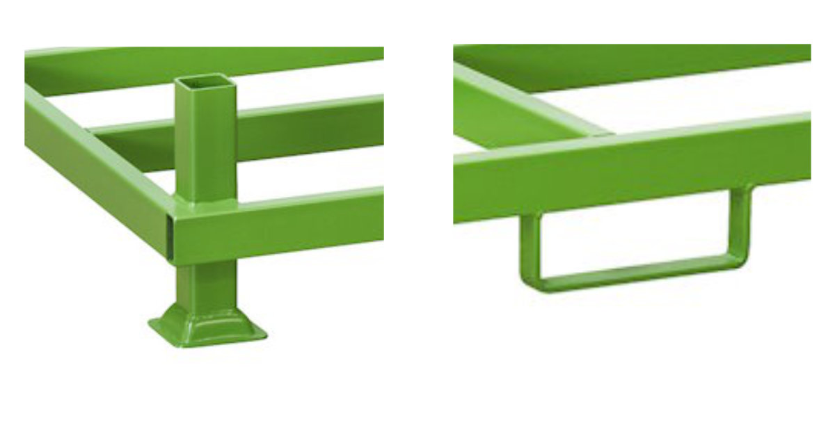 Detailaufnahme Stapelteller und Einfahrschlaufe einer Rungenpalette