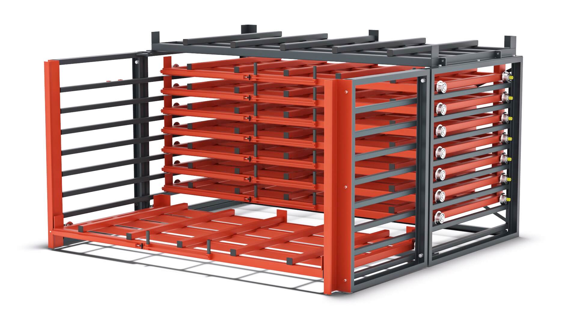 Schubfachregal für Bleche mit speziellen Tiefenauflagen für die einfache Beladung durch einen Gabelstapler