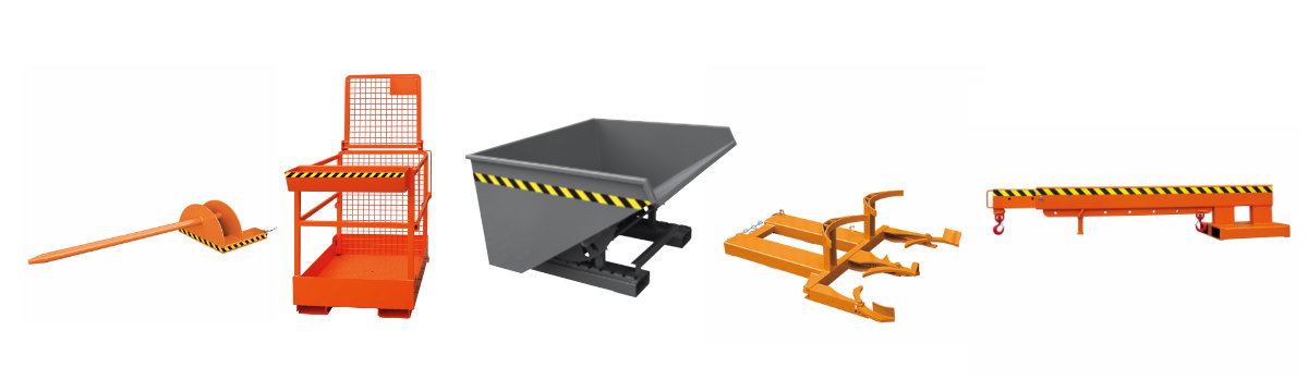 Übersicht verschiedener Anbaugeräte für Gabelstapler wie Kippbehälter, Kranarm und Arbeitsbühne