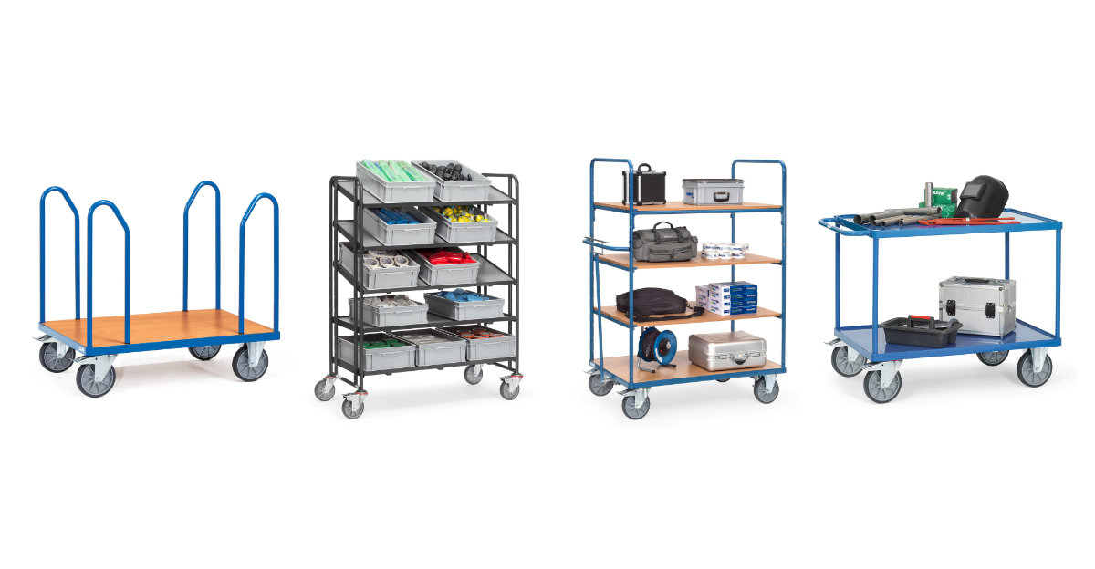 Verschiedene Transportwagen-Systeme von der Plattform bis zum Etagenwagen