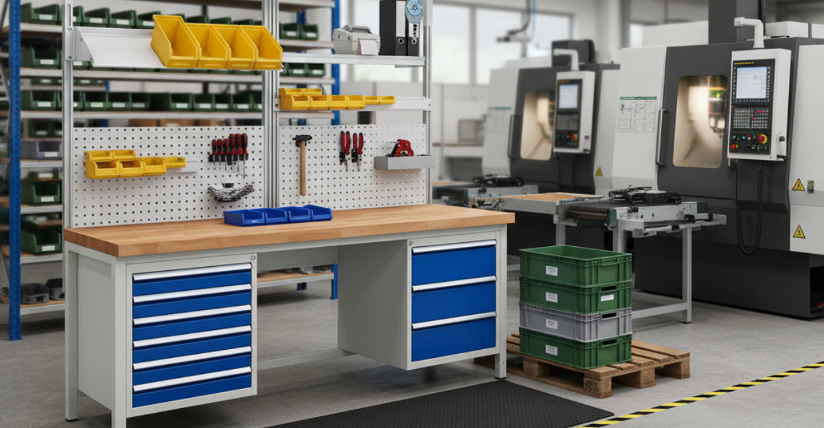 Modulare System-Werkbank mit Buchenplatte und Schubladenunterbau